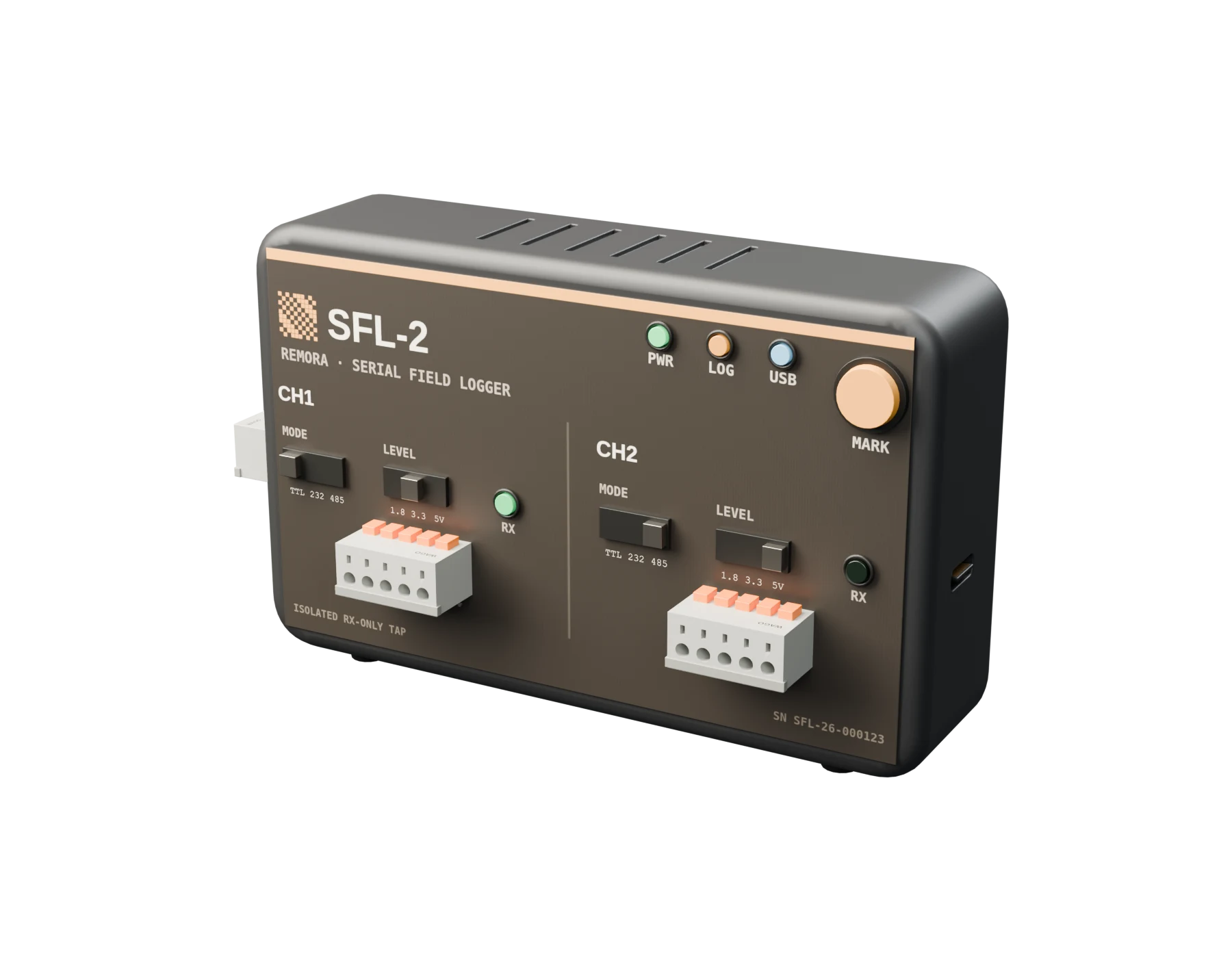 Remora SFL-2, showing its two channels, mode switches and USB-C port
