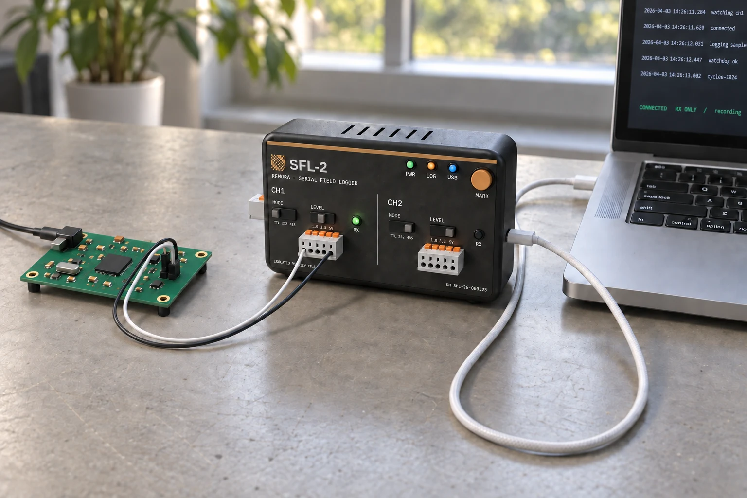 SFL-2 connected to a development board and a laptop on an engineering desk